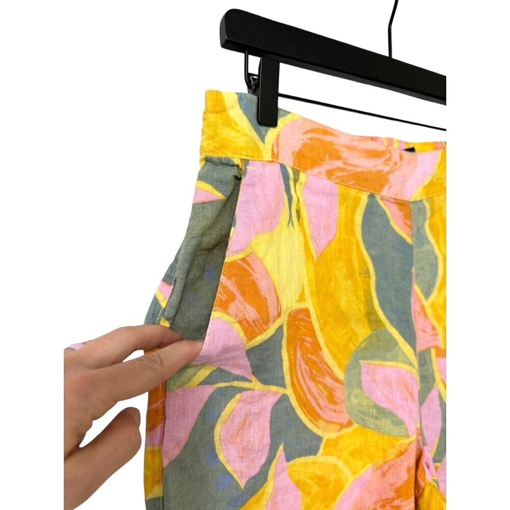 Women's Wide-Leg Printed Linen Pants - Pink & Yellow Leaf Print - Picture 3 of 8